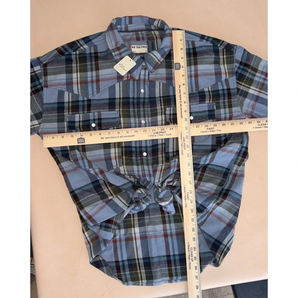 New Free People We The Free Hideaway Plaid Shirt Pearl Snap Blue Large Boho